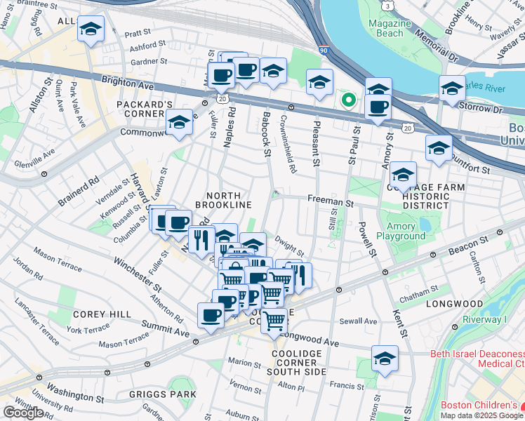 map of restaurants, bars, coffee shops, grocery stores, and more near 99 Babcock Street in Brookline