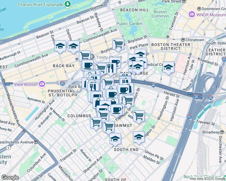 map of restaurants, bars, coffee shops, grocery stores, and more near in Boston