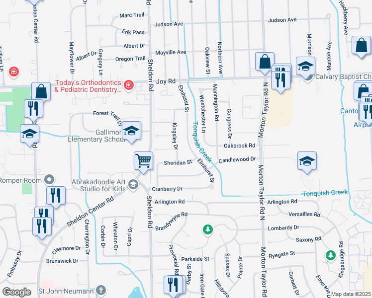 map of restaurants, bars, coffee shops, grocery stores, and more near 8330 Kingsley Drive in Canton