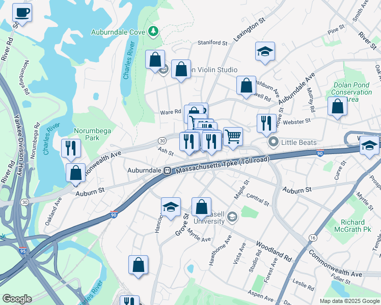 map of restaurants, bars, coffee shops, grocery stores, and more near 280 Melrose Street in Newton