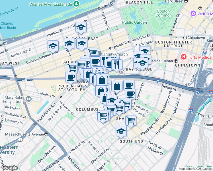 map of restaurants, bars, coffee shops, grocery stores, and more near 287 Columbus Avenue in Boston