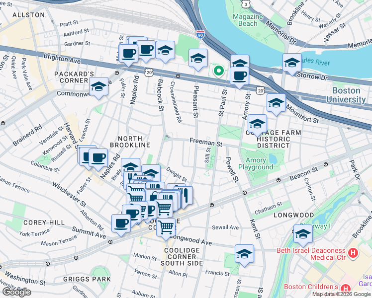 map of restaurants, bars, coffee shops, grocery stores, and more near 107 Browne Street in Brookline