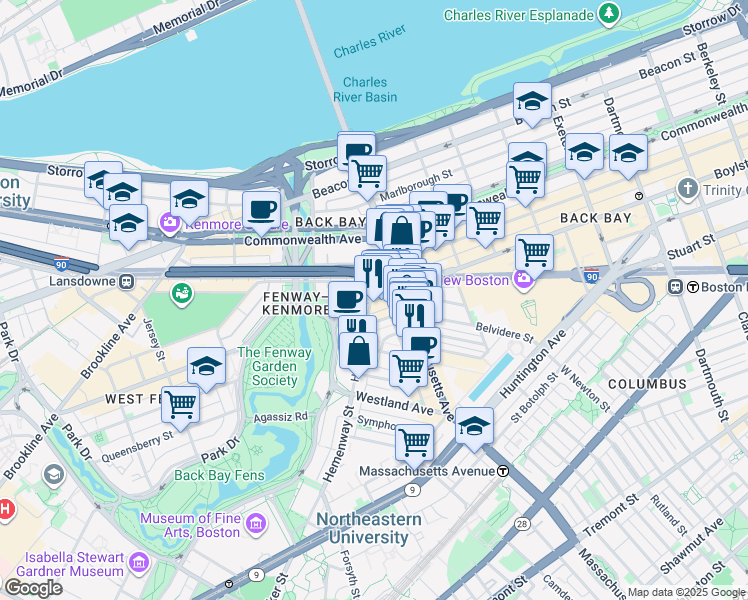 map of restaurants, bars, coffee shops, grocery stores, and more near 1126 Boylston Street in Boston