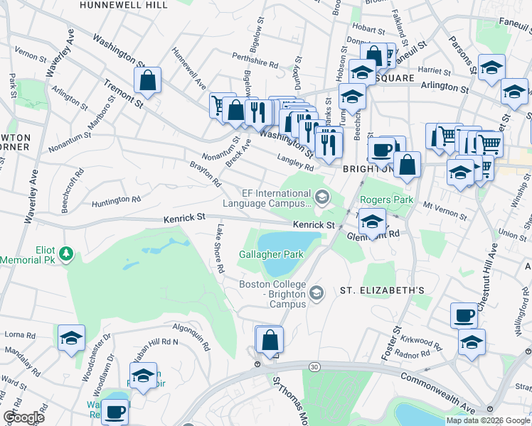 map of restaurants, bars, coffee shops, grocery stores, and more near 78 Kenrick Street in Boston