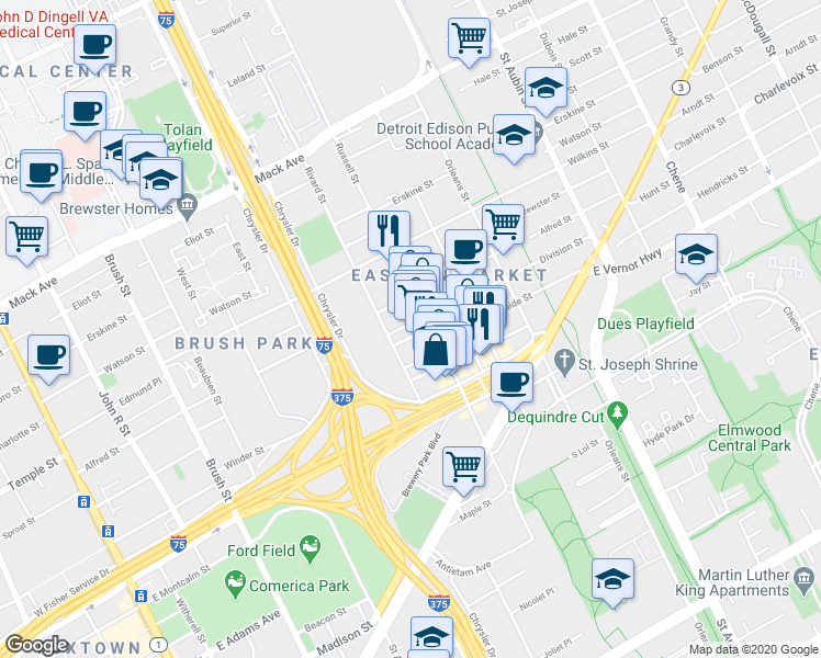 map of restaurants, bars, coffee shops, grocery stores, and more near 1322 Division Street in Detroit