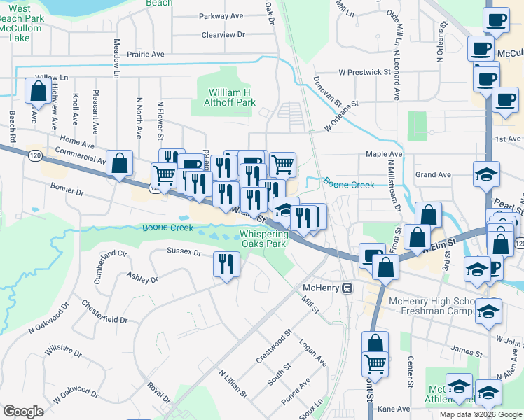 map of restaurants, bars, coffee shops, grocery stores, and more near 4305 West Elm Street in McHenry