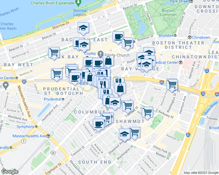 map of restaurants, bars, coffee shops, grocery stores, and more near 287 Columbus Avenue in Boston