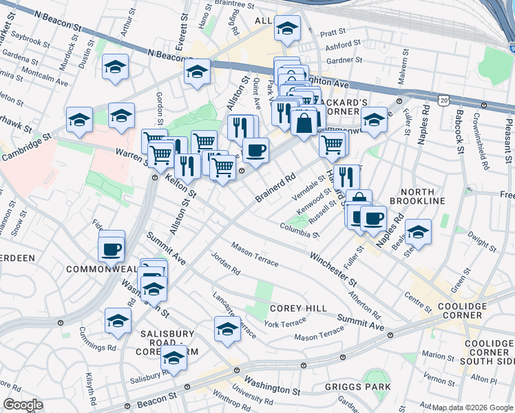 map of restaurants, bars, coffee shops, grocery stores, and more near 33 Walbridge Street in Boston