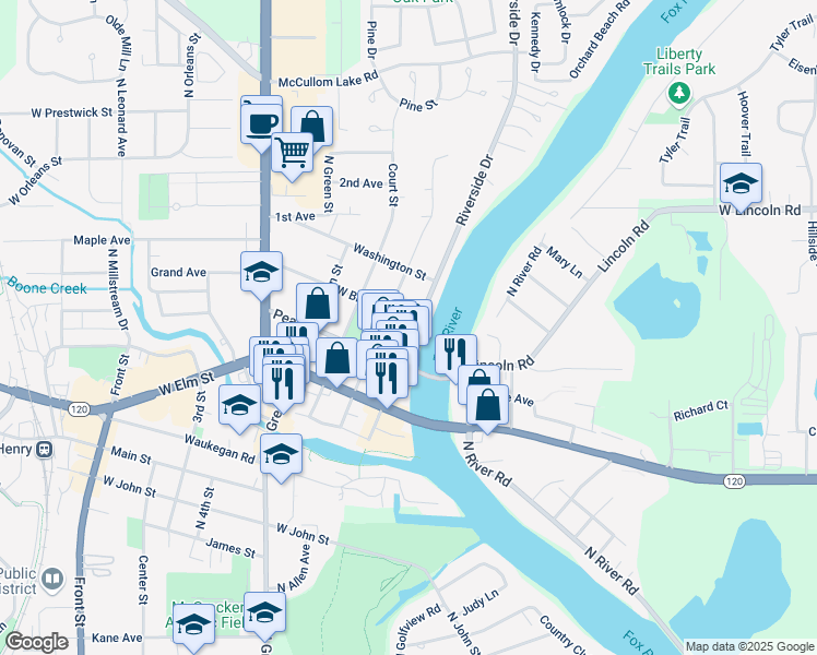 map of restaurants, bars, coffee shops, grocery stores, and more near 1411 Riverside Drive in McHenry