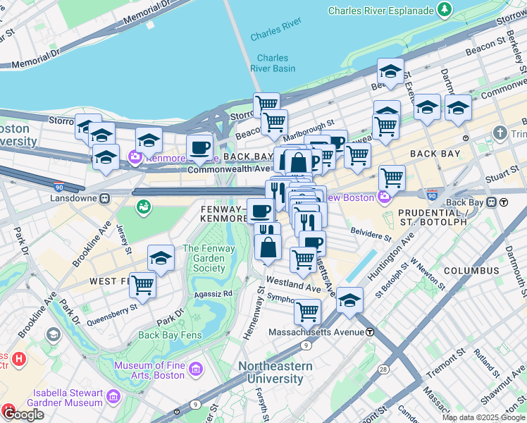map of restaurants, bars, coffee shops, grocery stores, and more near in Boston
