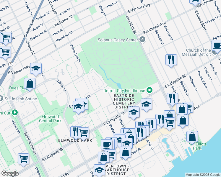 map of restaurants, bars, coffee shops, grocery stores, and more near 1362 Village Drive in Detroit