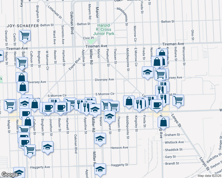 map of restaurants, bars, coffee shops, grocery stores, and more near 10530 South Morrow Circle in Dearborn