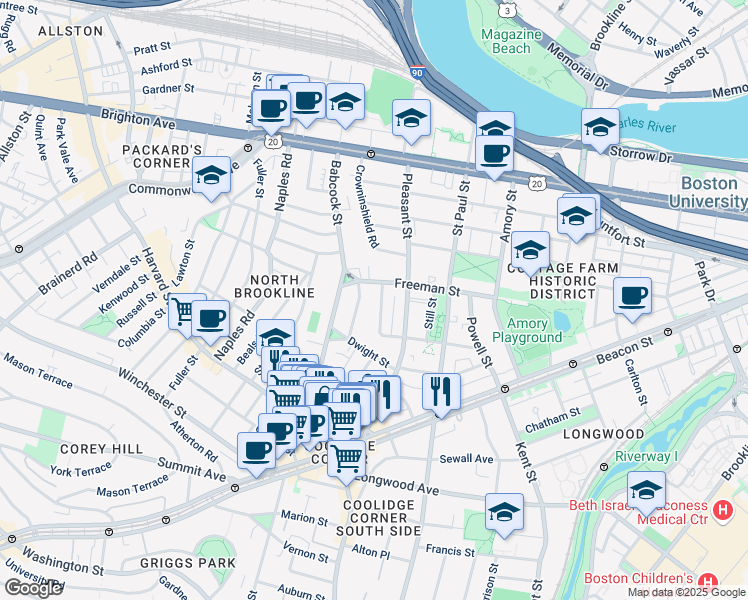map of restaurants, bars, coffee shops, grocery stores, and more near 107 Browne Street in Brookline