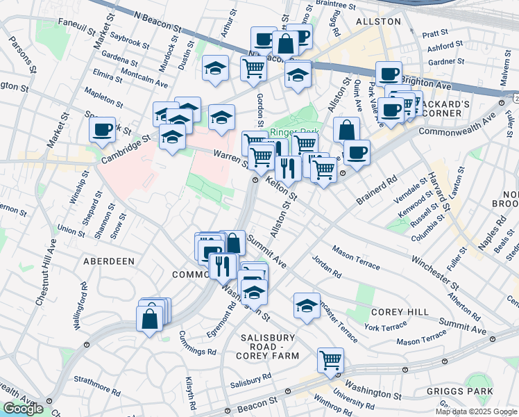 map of restaurants, bars, coffee shops, grocery stores, and more near 1486 Commonwealth Avenue in Boston