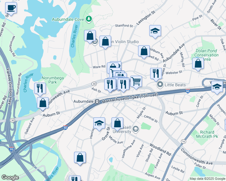 map of restaurants, bars, coffee shops, grocery stores, and more near 349 Auburn Street in Newton