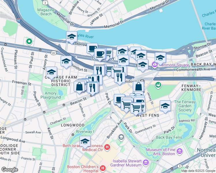 map of restaurants, bars, coffee shops, grocery stores, and more near 874 Beacon Street in Boston