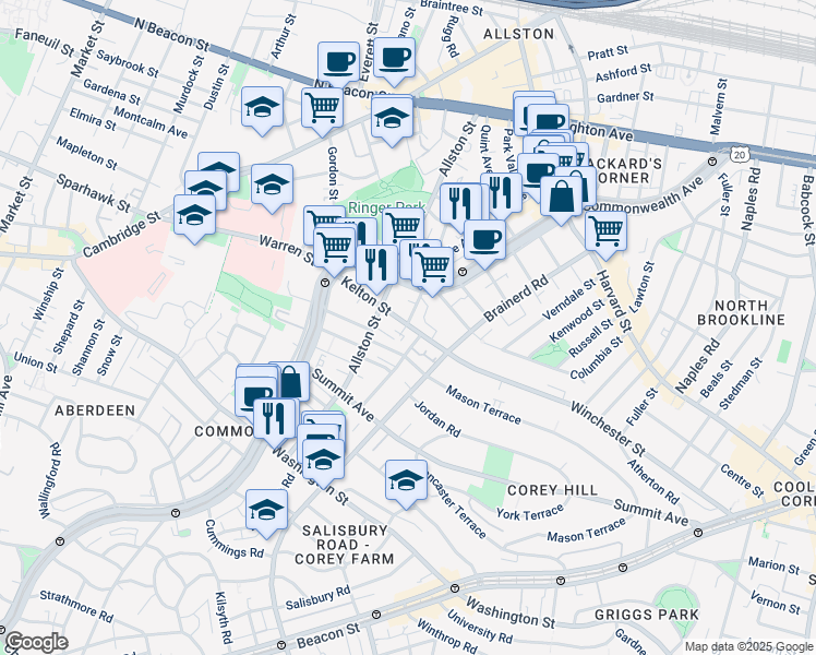 map of restaurants, bars, coffee shops, grocery stores, and more near 217 Kelton Street in Allston