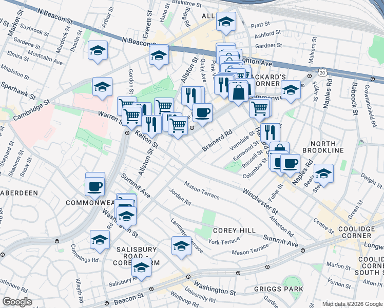 map of restaurants, bars, coffee shops, grocery stores, and more near 25 Walbridge Street in Boston