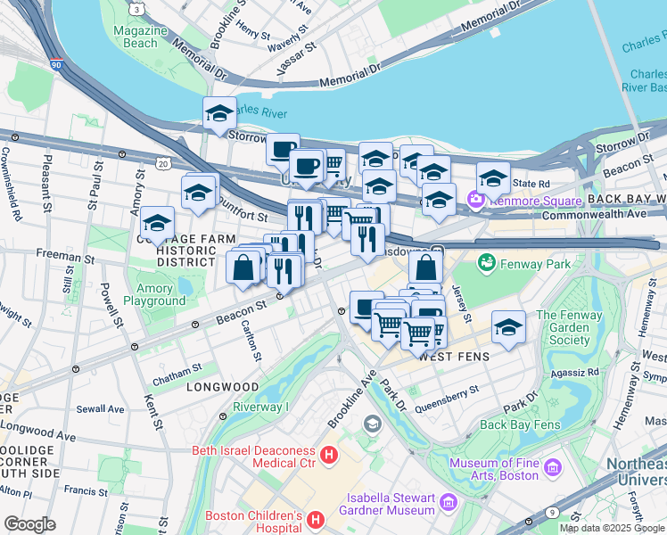map of restaurants, bars, coffee shops, grocery stores, and more near 880 Beacon Street in Boston