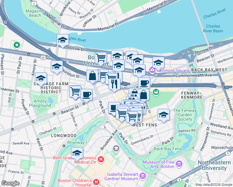 map of restaurants, bars, coffee shops, grocery stores, and more near 9 Miner Street in Boston
