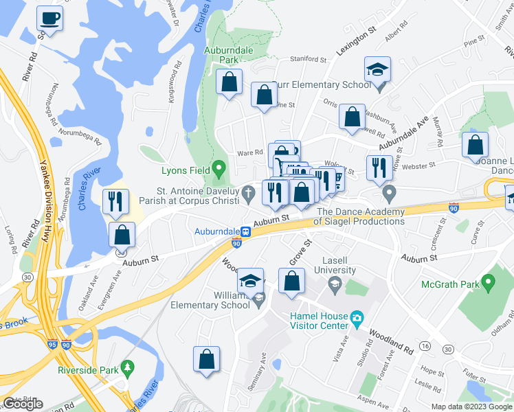 map of restaurants, bars, coffee shops, grocery stores, and more near 23 Ash Street in Newton