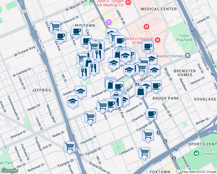 map of restaurants, bars, coffee shops, grocery stores, and more near 422 Brainard Street in Detroit