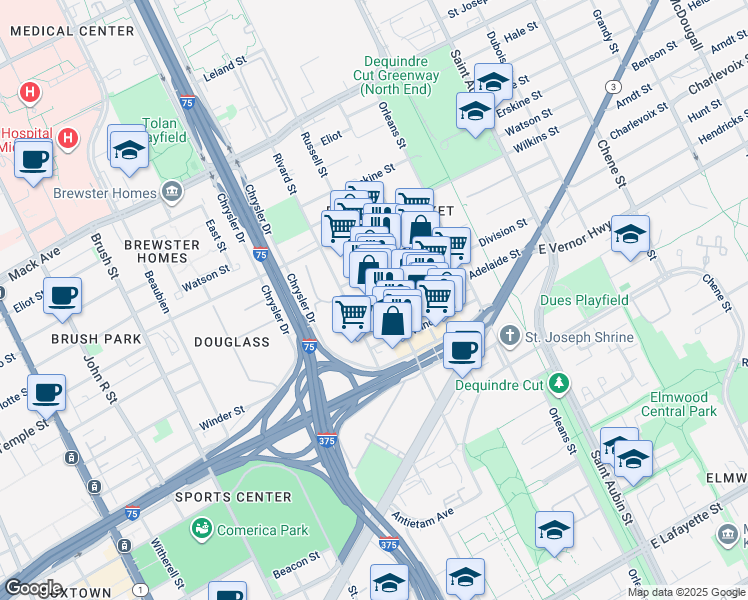 map of restaurants, bars, coffee shops, grocery stores, and more near 1322 Division Street in Detroit