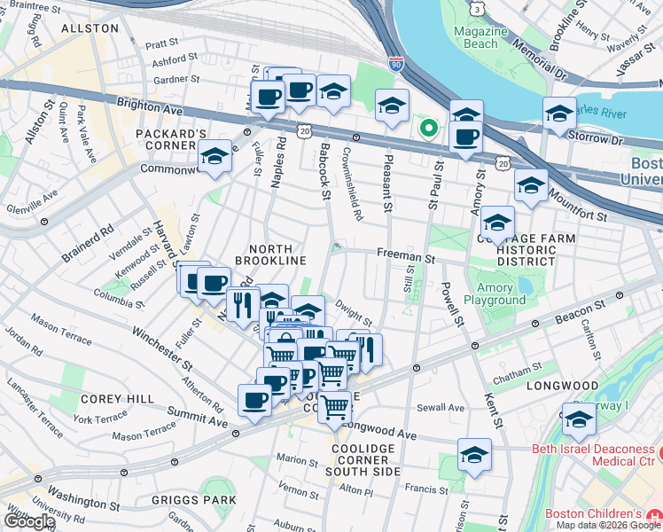 map of restaurants, bars, coffee shops, grocery stores, and more near 99 Babcock Street in Brookline