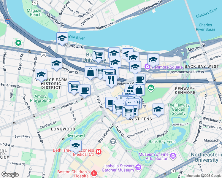 map of restaurants, bars, coffee shops, grocery stores, and more near 9 Miner Street in Boston