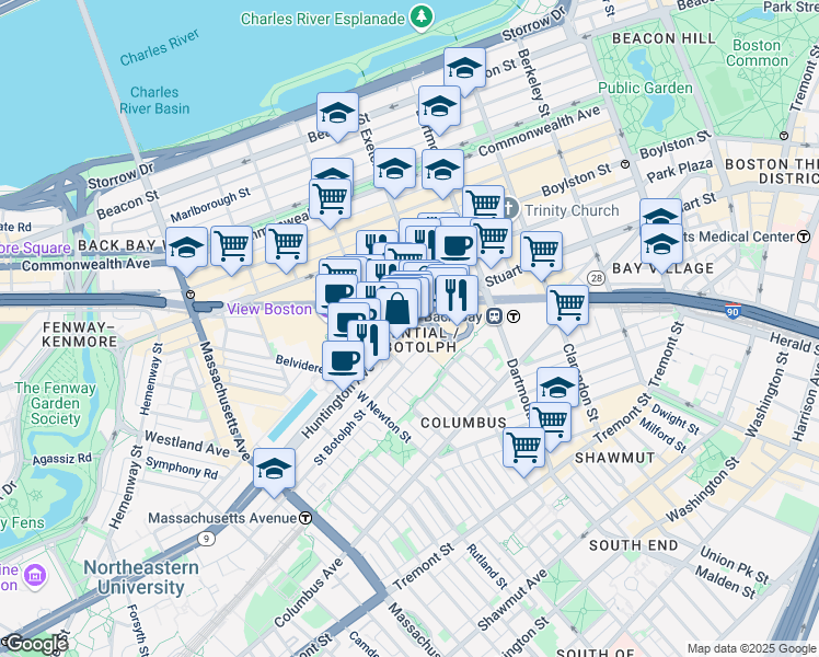 map of restaurants, bars, coffee shops, grocery stores, and more near 110 Huntington Avenue in Boston