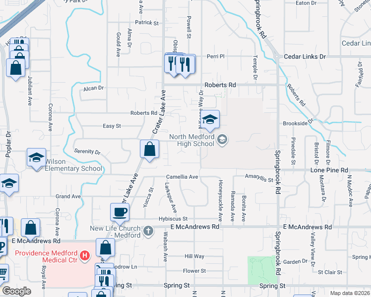 map of restaurants, bars, coffee shops, grocery stores, and more near 1857 Inner Circle in Medford