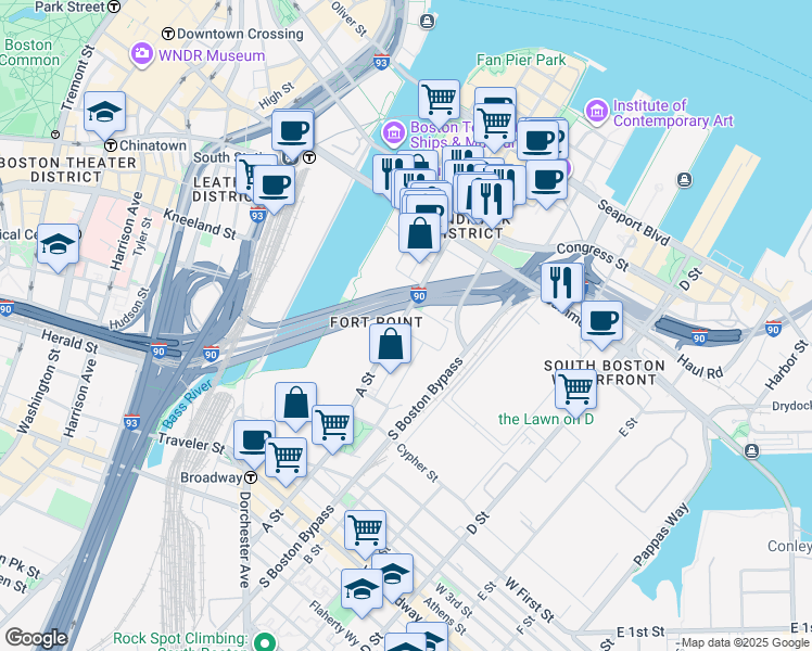 map of restaurants, bars, coffee shops, grocery stores, and more near 35 Channel Center Street in Boston