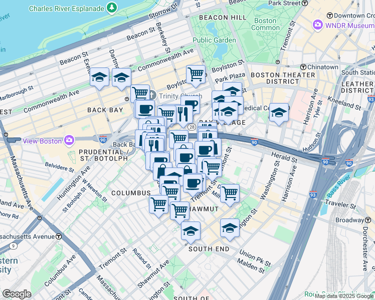 map of restaurants, bars, coffee shops, grocery stores, and more near in Boston
