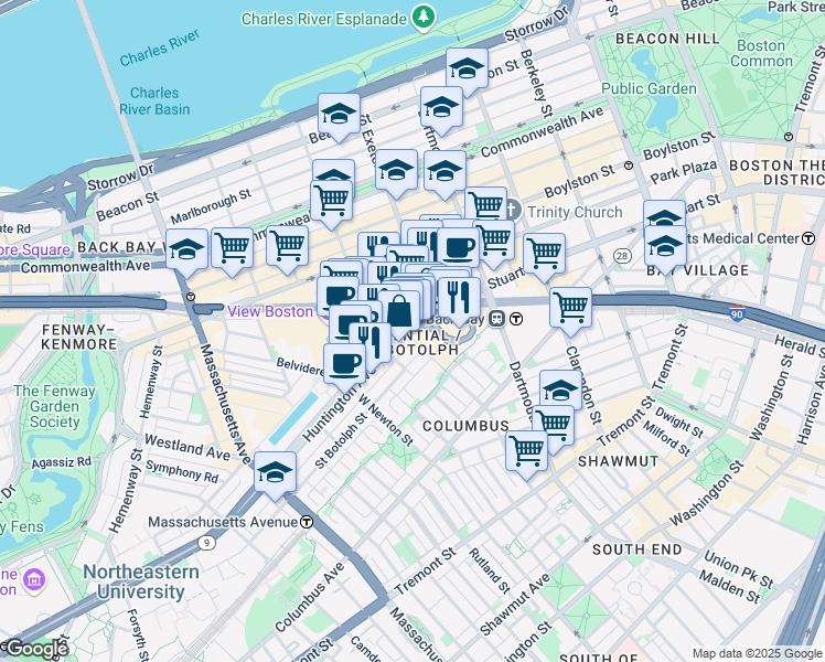 map of restaurants, bars, coffee shops, grocery stores, and more near 2 Harcourt Street in Boston