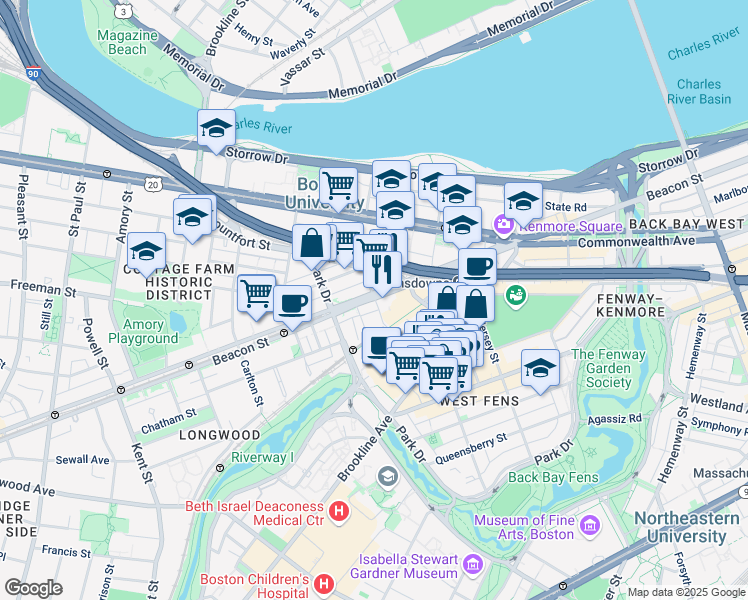 map of restaurants, bars, coffee shops, grocery stores, and more near 9 Miner Street in Boston