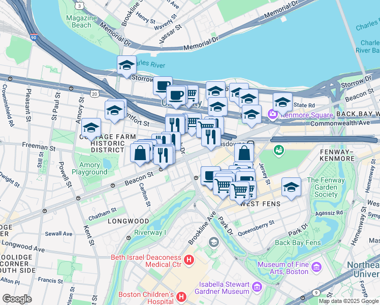 map of restaurants, bars, coffee shops, grocery stores, and more near 880 Beacon Street in Boston