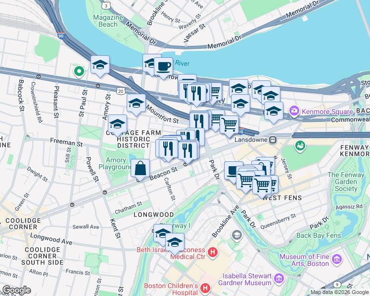 map of restaurants, bars, coffee shops, grocery stores, and more near in Brookline