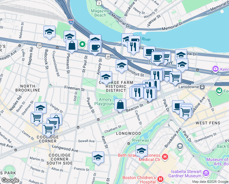 map of restaurants, bars, coffee shops, grocery stores, and more near 178 Ivy Street in Brookline