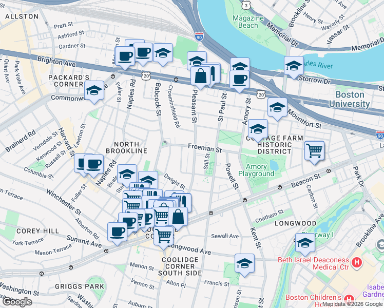 map of restaurants, bars, coffee shops, grocery stores, and more near 18 Still Street in Brookline