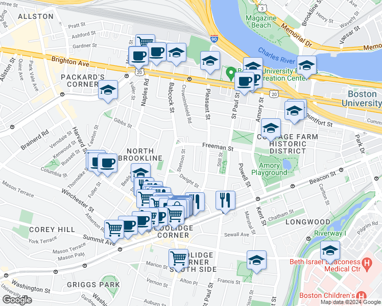 map of restaurants, bars, coffee shops, grocery stores, and more near 107 Browne Street in Brookline