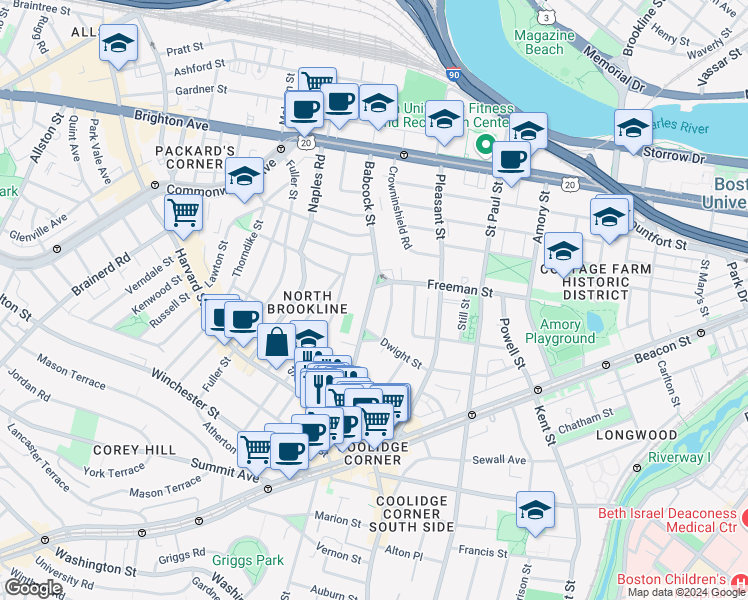 map of restaurants, bars, coffee shops, grocery stores, and more near 99 Babcock Street in Brookline