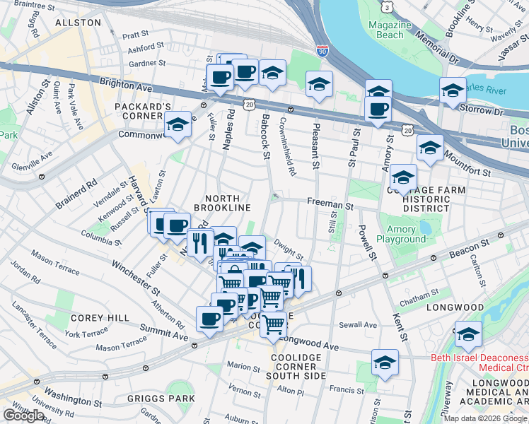 map of restaurants, bars, coffee shops, grocery stores, and more near 99 Babcock Street in Brookline