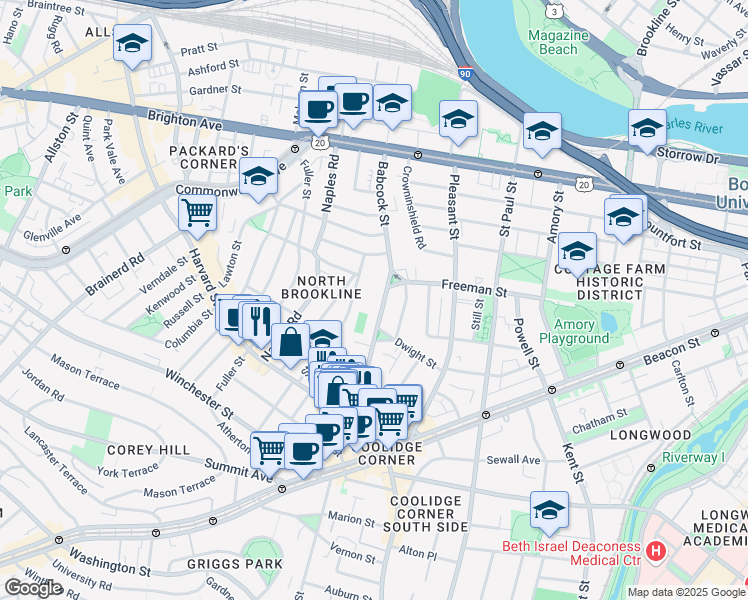 map of restaurants, bars, coffee shops, grocery stores, and more near 75 Stedman Street in Brookline