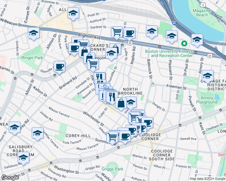 map of restaurants, bars, coffee shops, grocery stores, and more near 79 Coolidge Street in Brookline
