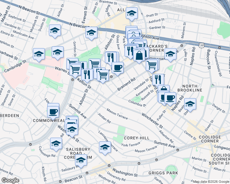 map of restaurants, bars, coffee shops, grocery stores, and more near 33 Walbridge Street in Boston