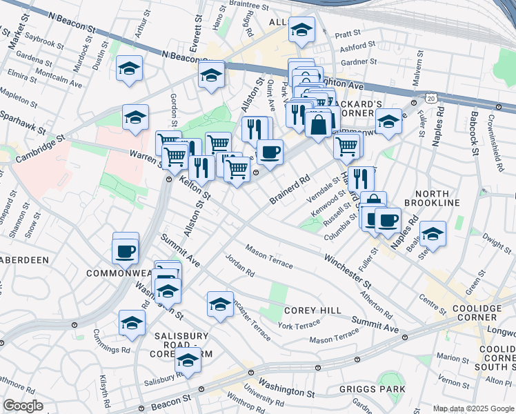 map of restaurants, bars, coffee shops, grocery stores, and more near in Boston