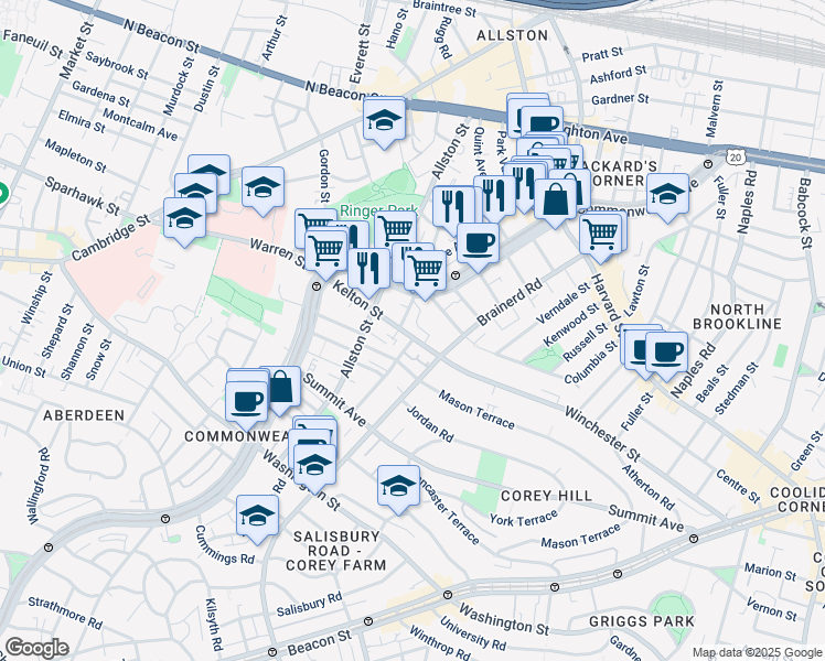 map of restaurants, bars, coffee shops, grocery stores, and more near 239 Kelton Street in Boston