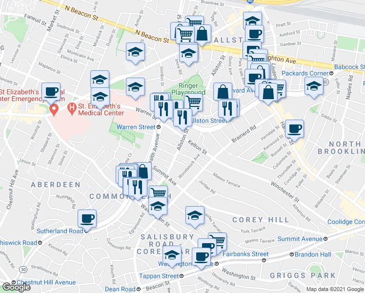 map of restaurants, bars, coffee shops, grocery stores, and more near in Boston