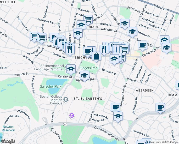 map of restaurants, bars, coffee shops, grocery stores, and more near 35 Trapelo Street in Boston