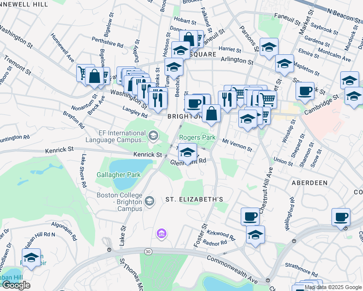 map of restaurants, bars, coffee shops, grocery stores, and more near 68 Cenacle Road in Boston